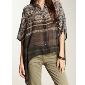 Da-Nang silk sheer high low button up patterned blouse